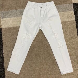 KANCAN women’s white retro pleated tapered leg cargo pocket denim pants size 28